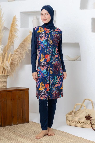Rozamay 263303 Seneca Jileli Lycra Uzun Kollu  Lacivert Dijital Desen Tesettür Mayo ürün görseli 1