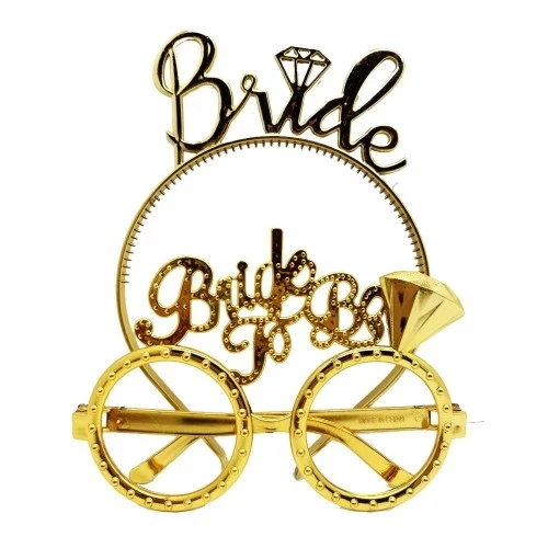 Bride Yazılı Taç ve Bride To Be Yazılı Gözlük Seti - Altın Renk ürün görseli 1