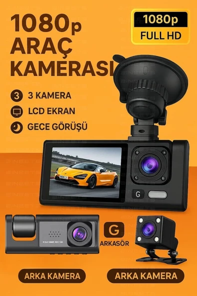 Siyah 1080p Araç içi 3 Kameralı Lcd Ekranlı Gece Görüşlü , G-sensör , Geri Görüş Kamera ürün görseli 1