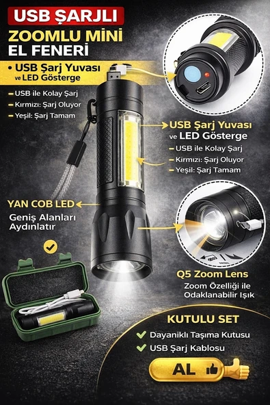 USB Şarjlı Zoomlu Mini El Feneri Q5 Güçlü Işık Yan COB LED SOS Mod Kutulu Taşınabilir ürün görseli 1