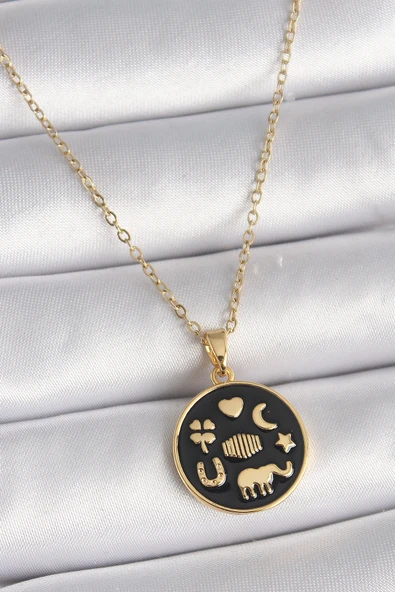 316L Çelik Gold Renk Siyah Şans Kolyesi ürün görseli 1
