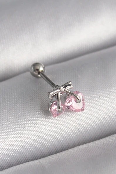 316L Çelik Gümüş Renk Pembe Zirkon Taşlı Kalp Tragus Piercing ürün görseli 1