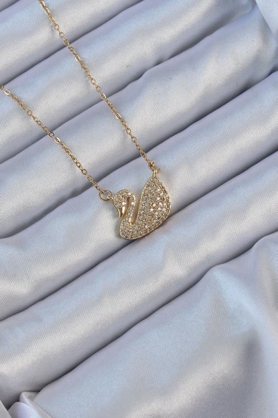 316L Çelik Zincir Altın Renk Zirkon Taşlı Kuğu Kolye ürün görseli 1