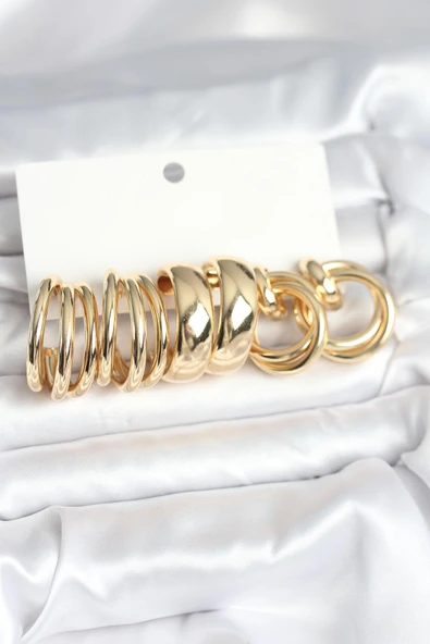 Pirinç Gold Renk 3 Çift Vintage Kadın Küpe Seti ürün görseli 1