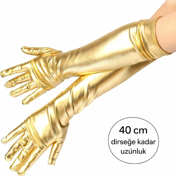 Altın Renk Dirsek Altı Lüks Saten Eldiven 40 cm ürün görseli 1