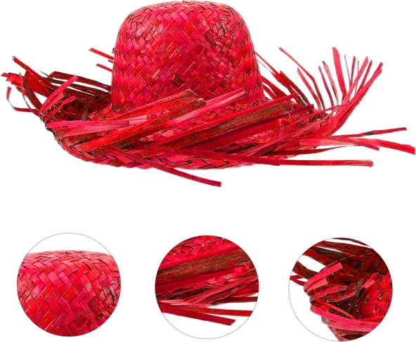 Tropikal Parti Kırmızı Hasır Hawaii Şapkası 13x36 cm ürün görseli 1