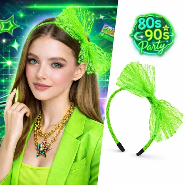 80’ler 90’lar Neon Yeşil Dantel Taç Fiyonklu ürün görseli 1