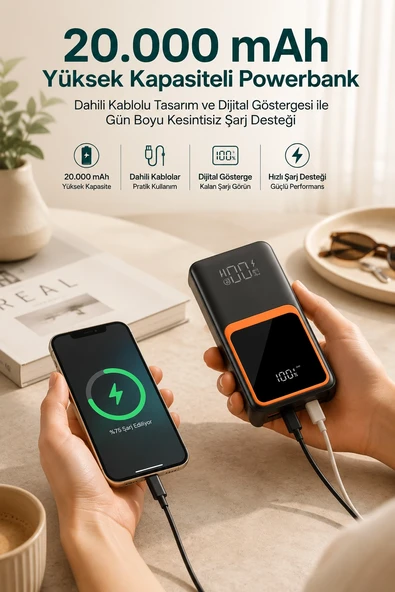 20.000 mAh Taşınabilir Şarj Cihazı Dijital Göstergeli Kablolu Powerbank ürün görseli 1