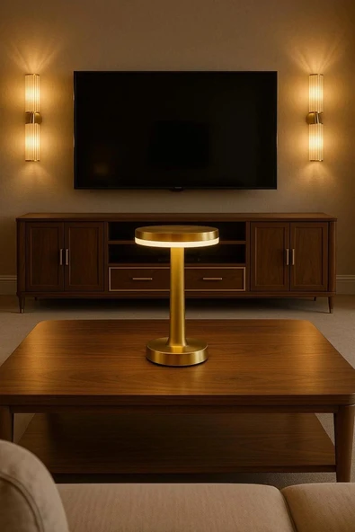 Gold Mantar Masa Lambası 3 Renk Modlu Kablosuz Şarjlı Dekoratif Metal LED Abajur ürün görseli 1