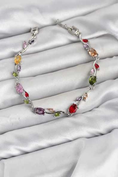 Pirinç Gümüş Renk Mix Renk Zirkon Taşlı Çiçek Model Kadın Bileklik ürün görseli 1