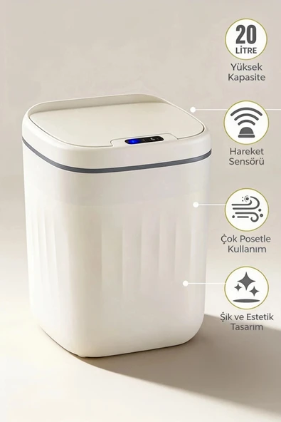 20 Litre Hareket Sensörlü Akıllı Çöp Kovası Beyaz - Resim 5