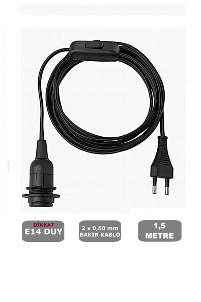E14 Duylu 1,5 Metre Arapuarlı (AÇ KAPAT ANAHTAR) Fişli Seyyar (2X0,50) (SİYAH) 65W ürün görseli 1