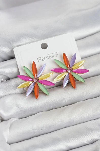 Karışık Renk Kristal Taşlı Lotus Model Kadın Küpe ürün görseli 1