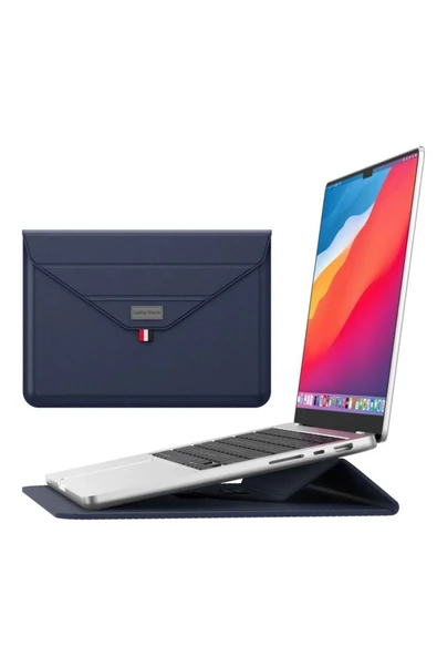 Macbook Air 15 M3 M4 M5 A2941 A3114 A3241 A3448 Uyumlu Deri Tasarım Standlı Su Geçmez Taşıma Çanta  13 - 14,9 inç LACİVERT ürün görseli 1