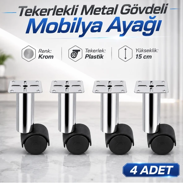 (4 Adet) Metal Gövdeli Plastik Tekerlekli 15 cm Krom Mobilya Sehpa Baza Ayağı Seyyar Ayak ürün görseli 1