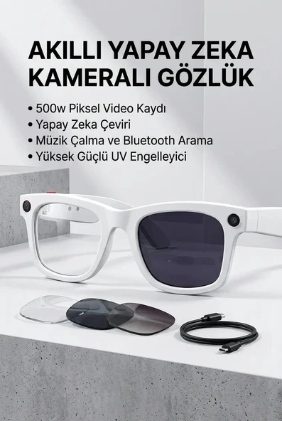 Beyaz Bluetooth Akıllı Gözlük Müzik Görüşme Kamera ve Mikrofon Özellikli ürün görseli 1