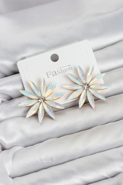Beyaz Renk Kristal Taşlı Lotus Model Kadın Küpe ürün görseli 1