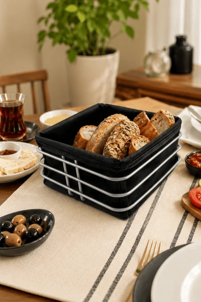 Mat Gümüş Siyah Kumaş Kare Ekmek Sunum Sepeti, Kahvaltı Sunumu,Kafe, Restoran ve Otel Tipi 20x20 cm ürün görseli 1
