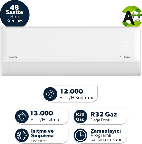Kumtel Hinoki KMSAC-12 12.000 Btu A++ Inverter Duvar Tipi Split Klima (Montaj Dahil) ürün görseli 1