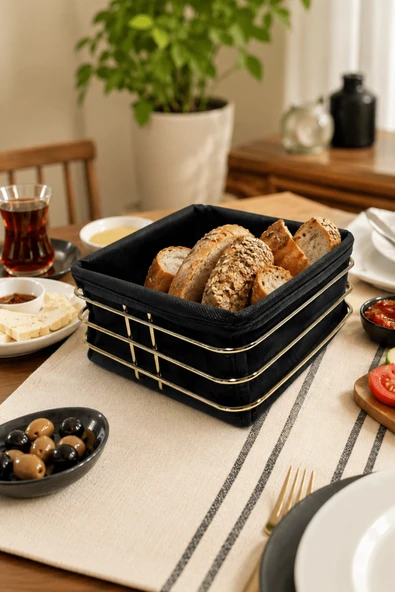 Parlak Altın Siyah Kumaş Kare Ekmek Sunum Sepeti, Kahvaltı Sunumu,Kafe, Restoran ve Otel Tipi 20x20 cm ürün görseli 1
