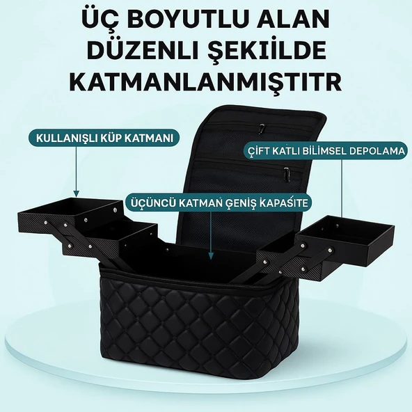 Croc KC03 Profesyonel Siyah Katlı Makyaj Çantası | Büyük Kapasiteli Makyaj, Lifting, Protez Tırnak Çantası ürün görseli 1