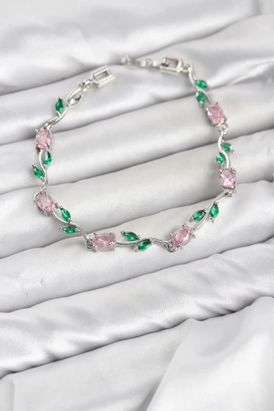Pirinç Gümüş Renk Pembe Zirkon Taşlı Çiçek Model Kadın Bileklik ürün görseli 1