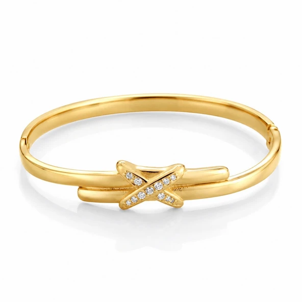 Gold X Figürlü Zirkon Taşlı Kelepçe Bilezik ürün görseli 1