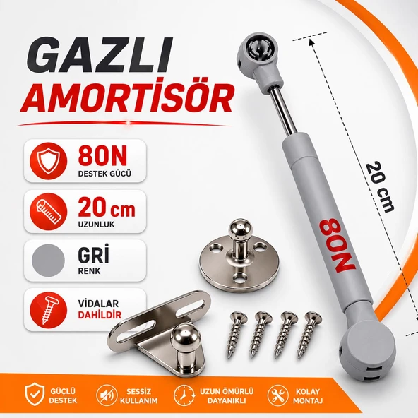 (1 Adet) Dolap Kapak Amortisörü 80N Gri 20 cm Gazlı Piston Kapak Hidroliği Mutfak Dolabı Pistonu ürün görseli 1
