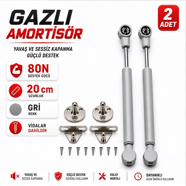 (2 Adet) Dolap Kapak Amortisörü 80N Gri 20 cm Gazlı Piston Kapak Hidroliği Mutfak Dolabı Pistonu ürün görseli 1