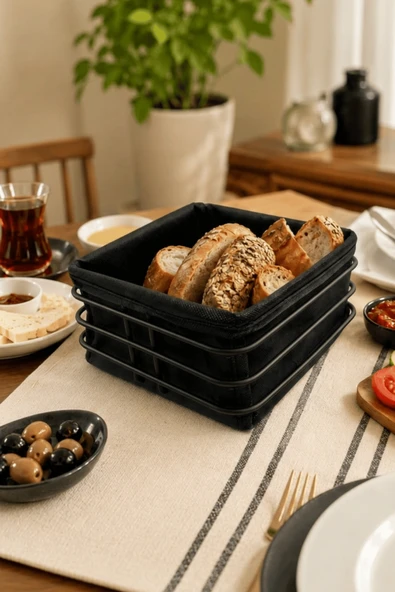 Siyah Metal ve Kumaş Kare Ekmek Sunum Sepeti, Kahvaltı Sunumu,Kafe, Restoran ve Otel Tipi 20x20 cm ürün görseli 1