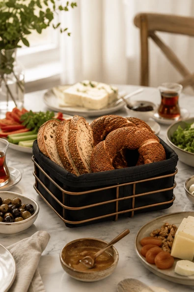 Rose Metal ve Siyah Kumaş Kare Ekmek Sunum Sepeti, Kahvaltı Sunumu,Kafe, Restoran ve Otel Tipi 20x20 cm ürün görseli 1