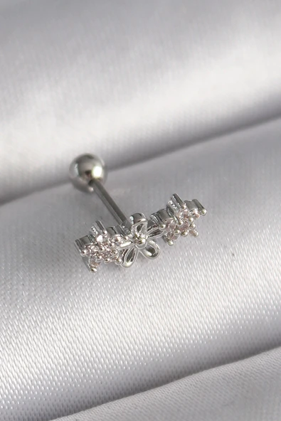 316L Çelik Gümüş Renk Zirkon Taşlı Çiçek Tragus Piercing ürün görseli 1
