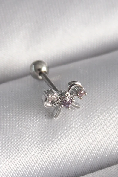 316L Çelik Gümüş Renk Zirkon Taşlı Kurdele Tragus Piercing ürün görseli 1