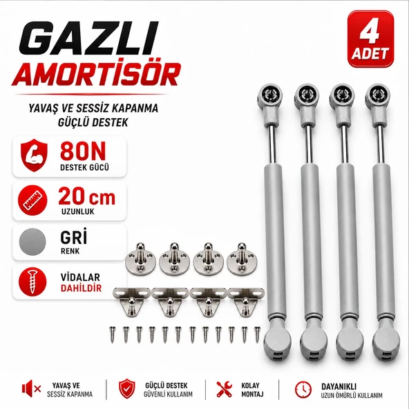 (4 Adet) Dolap Kapak Amortisörü 80N Gri 20 cm Gazlı Piston Kapak Hidroliği Mutfak Dolabı Pistonu ürün görseli 1