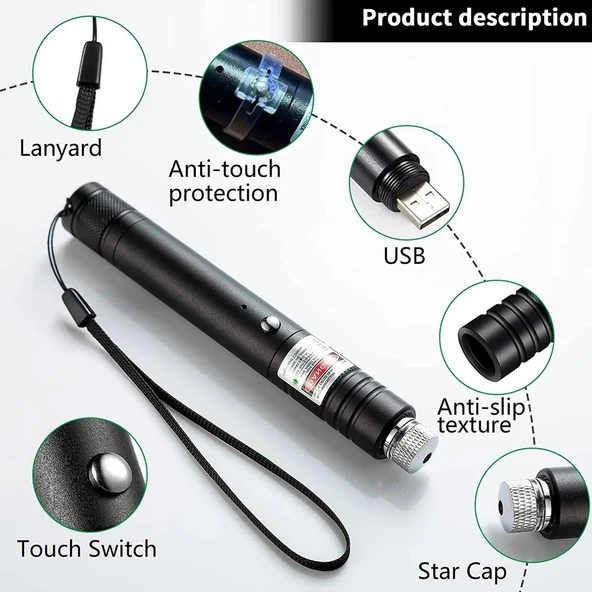 Fithome 100mw Desen Başlıklı Usb Şarjlı Yeşil Lazer Pointer - Resim 4