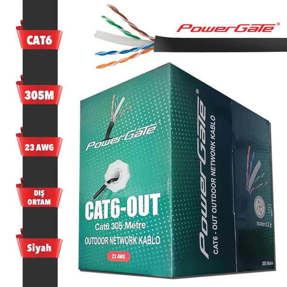 POWERGATE CAT6-OUT-CCA, Outdoor (Dış Mekan), Polietilen, 23AWG 0.57mm, UTP, CAT6, CCA Kablo, 305m, Siyah ürün görseli 1