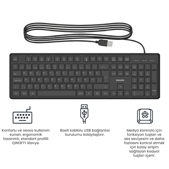 PHILIPS SPK6248B, USB Kablolu, Türkçe Q, Multimedya Klavye (Siyah) - Resim 4