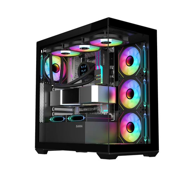 SAMA SV01BK Black, B750BK 750W, 80+ Bronze, PCIE 5.1, ATX3.1, Tempered Glass Panel, Panoramic Tasarım, Type-C, 4x120mm ARGB Fan, ATX, GAMING KASA ürün görseli 1