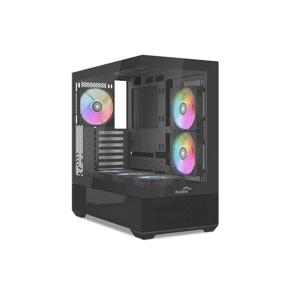 SAMA V40BK Black, B750BK 750W, 80+ Bronze, PCIE 5.1, ATX3.1, Tempered Glass Panel, Panoramic Tasarım, Type-C, 6x120mm ARGB Fan, ATX, GAMING KASA ürün görseli 1
