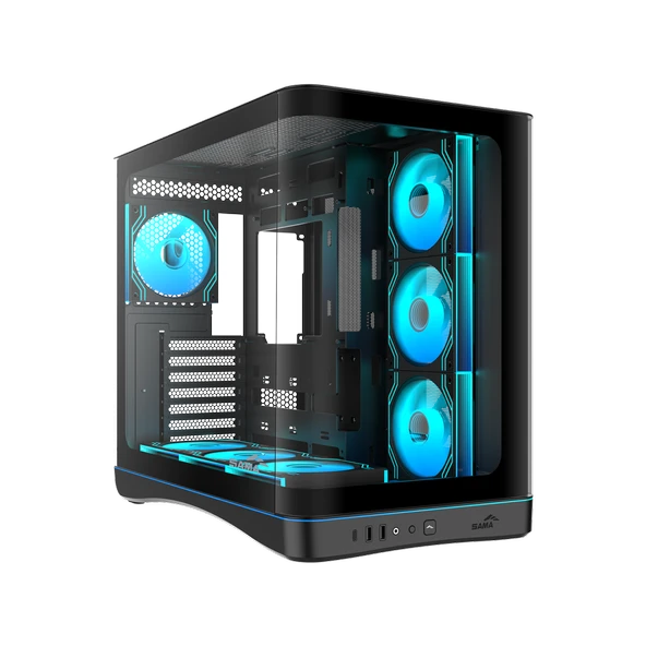 SAMA V62BK Black, B850BK 850W, 80+ Bronze, PCIE 5.1, ATX3.1, Tempered Glass Panel, Panoramic Tasarım, Type-C, 7x120mm ARGB INFINITY Fan, ATX, GAMING KASA ürün görseli 1