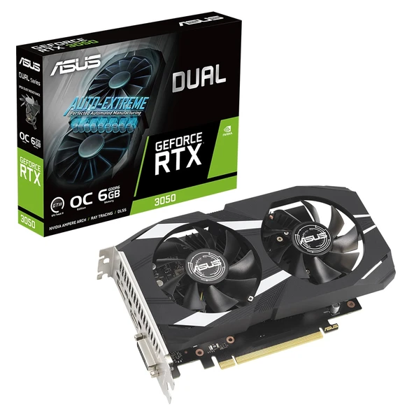ASUS DUAL-RTX3050-O6G, 6GB, GDDR6, 96Bit, 1xHDMI, 1xDP, 1xDVI GAMING Ekran Kartı ürün görseli 1