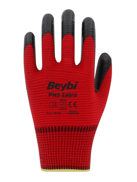 Beybi Polyester-Nitril İş Eldiveni PN5 Zebra No: 10 KIRMIZI - 3 Çift - Resim 2