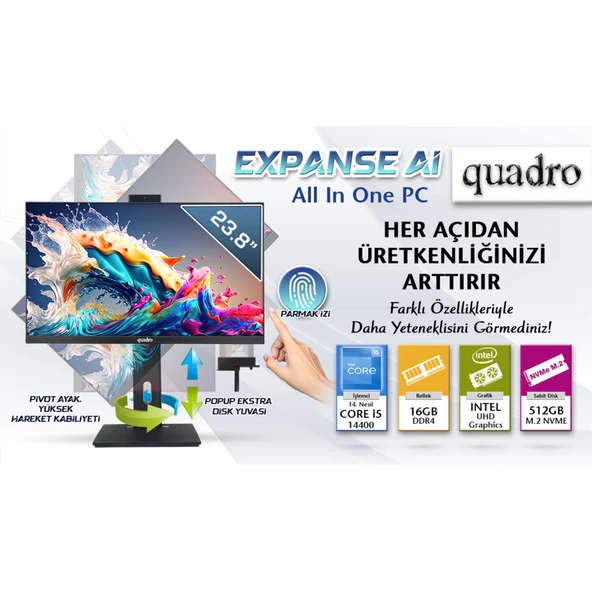 QUADRO EXPANSE AI B424 14165, i5-14400, 23,8" FHD Ekran, 16Gb Ram, 512Gb SSD, Pivot, Paylaşımlı VGA, Free Dos All In One PC ürün görseli 1