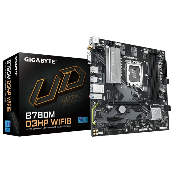 GIGABYTE B760M D3HP WIFI6, 4xDDR5, 2xM.2, DP, HDMI, VGA, Wi-Fi 6E, Bluetooth v5.3, 12-13.14.Nesil, LGA1700 Soket, Anakart ürün görseli 1