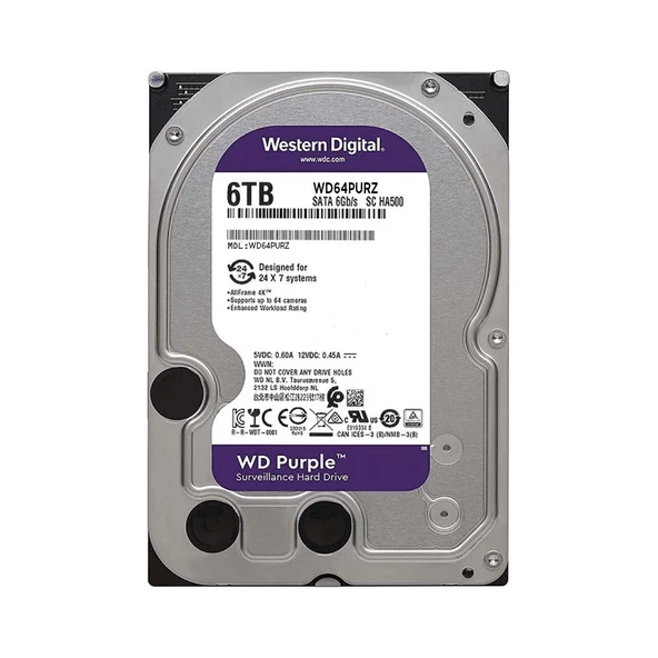 WD PURPLE, WD64PURZ, 3.5", 6TB, 256Mb, 5400 Rpm, 7/24 Güvenlik, HDD (Türkiye Distribütörü Garantili) ürün görseli 1