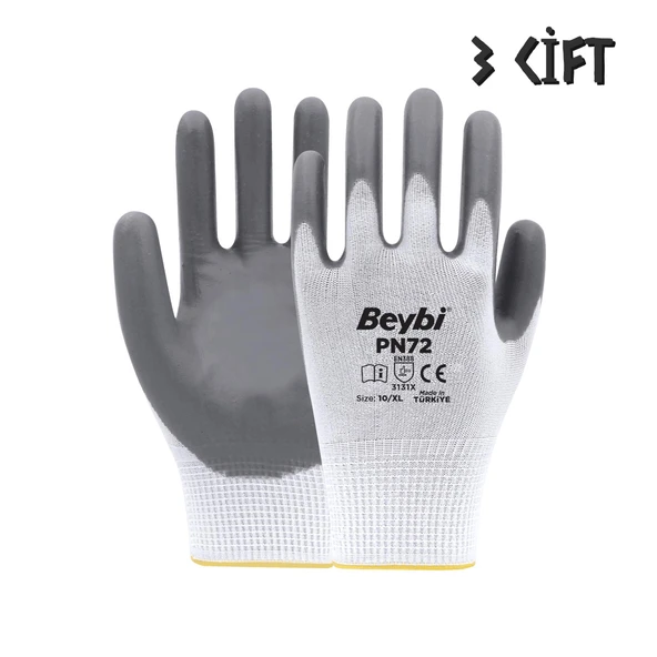Beybi Polyester-Nitril İş Eldiveni PN72 No: 10 GRİ - 3 Çift ürün görseli 1