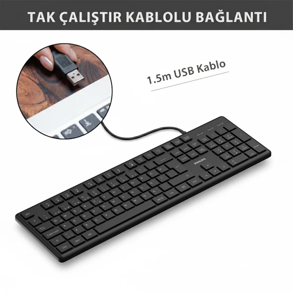 PHILIPS SPK6248B, USB Kablolu, Türkçe Q, Multimedya Klavye (Siyah) - Resim 3