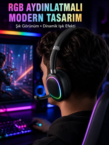 Rgb Işıklı Bluetooth Mikrofonlu Kulaklık Uzun Süreli Kullanım Type-c Şarjlı ürün görseli 1