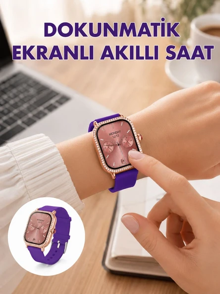 Pembe Mor Ve Metal Kordonlu Akıllı Saat Hediye Seti ürün görseli 1