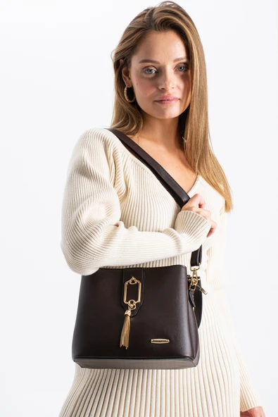 Sedef çanta SS 1438 Gold Detaylı 3 Bölmeli Omuz Ve Çapraz Çanta KAHVERENGİ ürün görseli 1